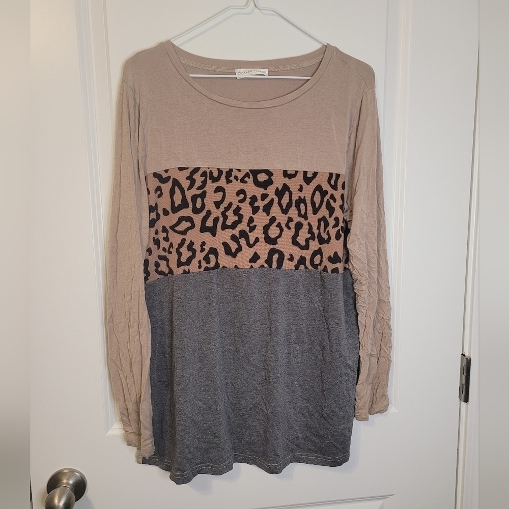 Tickled Teal Leopard Cream and Gray Colorblock Top Blouse